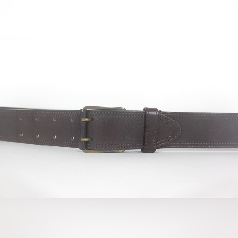Italian Brown Leather Vintage Belt with Double Prong Brass Buckle Adjustable